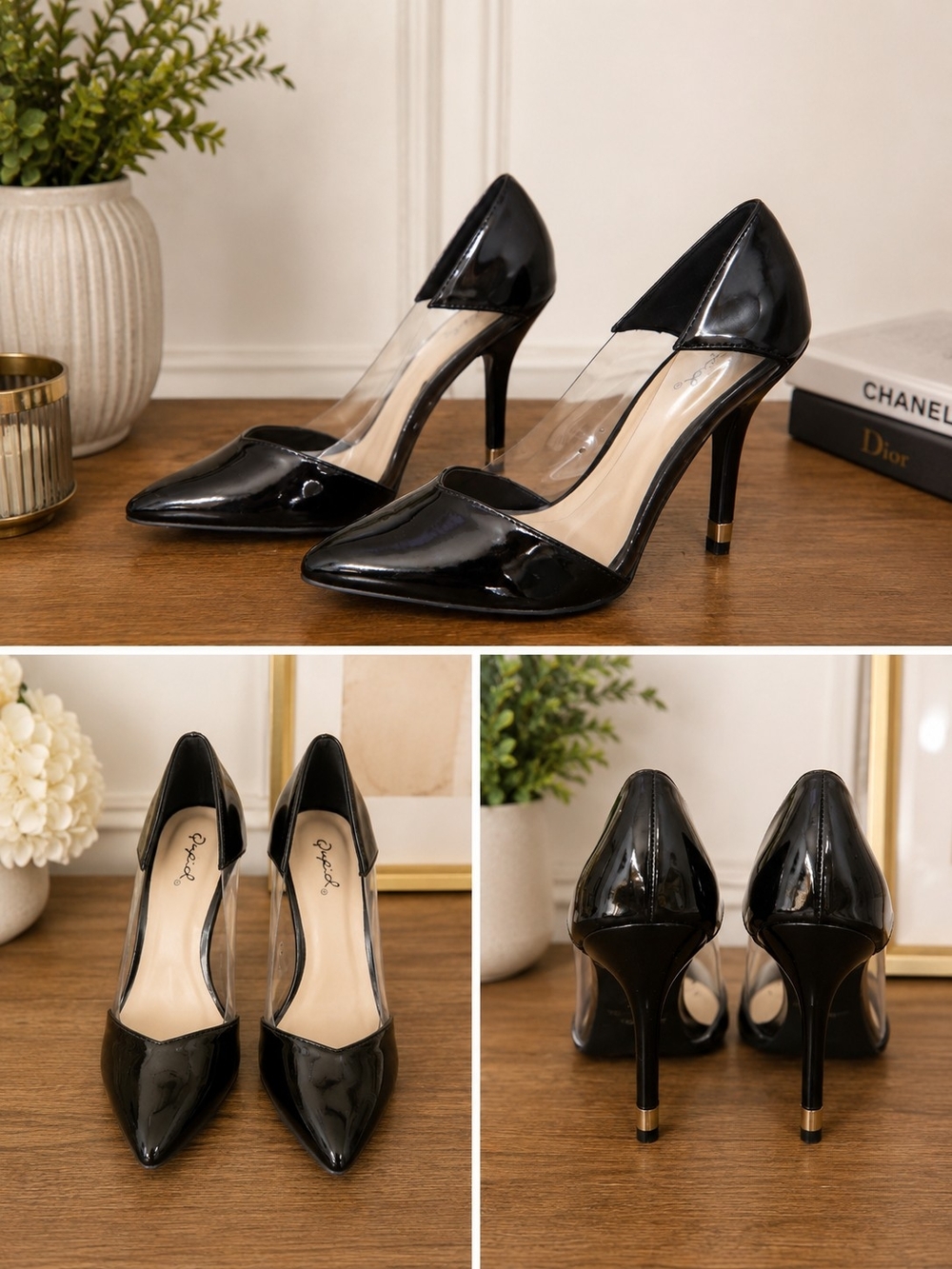 Qupid Black Patent Pointed-Toe Clear-Side Stiletto Pumps